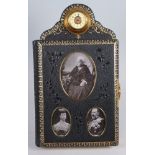 A late Victorian tooled gilt leather easel carte de visite album with clock surmount
