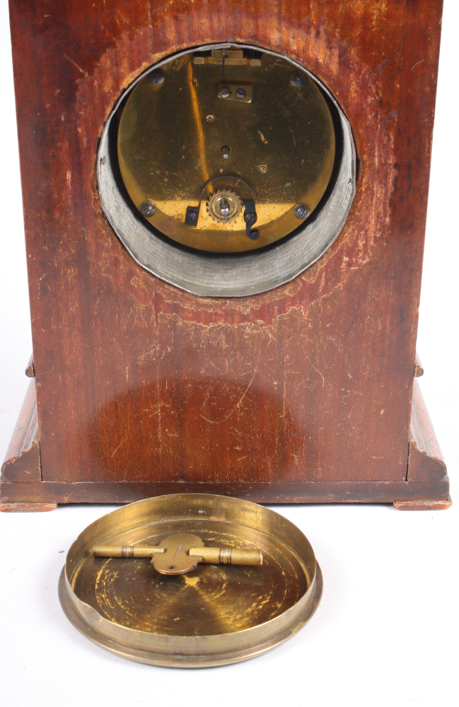 A mahogany cased mantel clock with carved decoration, white enamel dial and Arabic numerals - Image 3 of 3