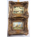 Van Noord: two oil on boards, ships on rough seas, and two oleographs, moored boats, 4 1/2" x 6 1/2"