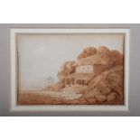 Three 19th century sepia watercolours, landscapes, in gilt strip frames
