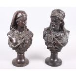 Two cast metal anodised busts of a Middle Eastern man and woman, 13" high