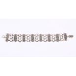 A white metal, pearl and marcasite panelled bracelet, stamped 925