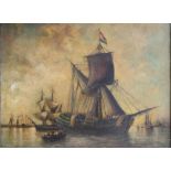 An oil on board, 19th century Dutch sailing barge, 19 1/2" x 23 1/2, in gilt frame