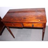 A 19th century mahogany ledge back side table, fitted two short drawers, on turned supports, 36"