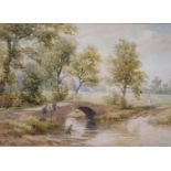 C Pyne: watercolours, figures by a bridge, 8 1/2" x 12", in gilt frame
