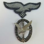 A WWII German Luftwaffe Unqualified Flight Mechanics badge and cloth Eagle.