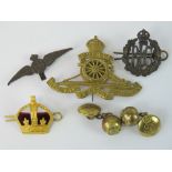 Two Royal flying Corps badges, Royal Artillery brass badge and a pair of cuff links,