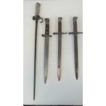 Four Military rifle bayonets; a British Long Lee WWI bayonet, a WWI French Label rifle bayonet,