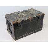 A metal ammo box dated 1956 and measuring 46 x 27 x 26cm.