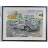 An original watercolour on rag paper featuring a Ferrari 250 SWB GT(C) on race starting grid,