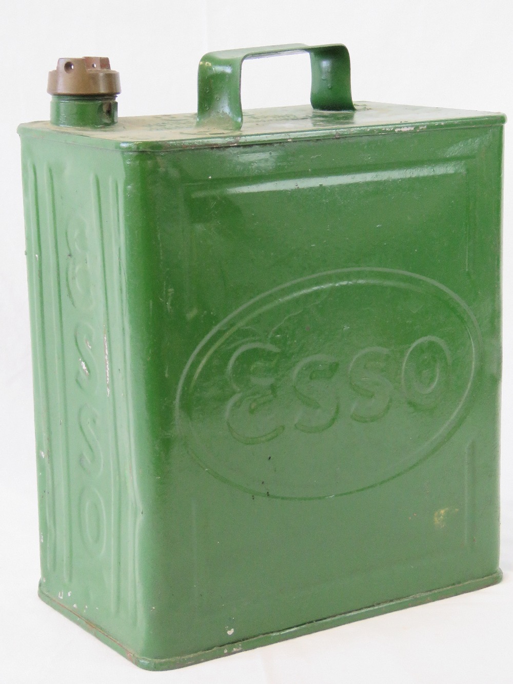 A vintage Esso metal petrol canister having original brass Esso screw cap,