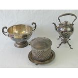 A fine 19th century lidded wafer barrel, a twin handled silver plated bowl, 23cm dia,