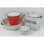 A vintage enamelled lidded bread bin, together with an enamelled sieve, bucket and large wash basin.