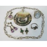 Silver jewellery including; amethyst and marcasite earrings, amethyst pendant,