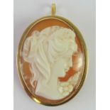 An 18ct gold cameo brooch/pendant, female portrait carved into oval shell panel, frame stamped 750,