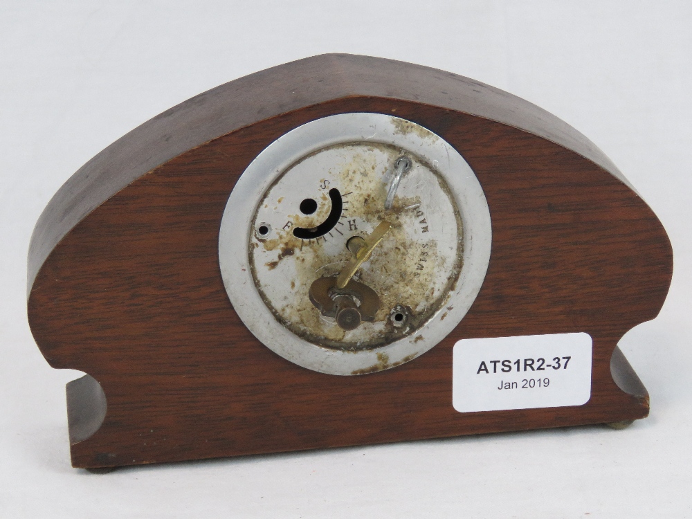 A small Swiss made mantle clock in the Art Nouveau style, mahogany frame and handpainted 'inlay', - Image 2 of 2