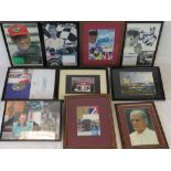 Ten framed and signed photos and photographic montages including; Bernie Ecclesone, Carl Foggarty,