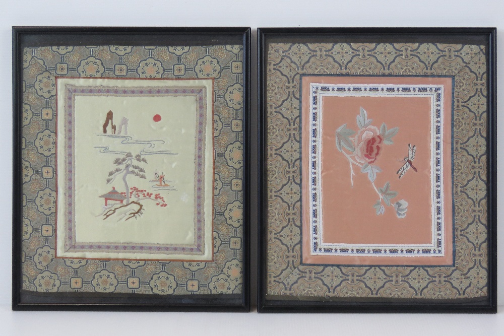 Two Chinese silk embroidered panels, framed and glazed, 26.5 x 32cm.