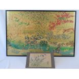 A coloured print of an Oriental landscape with a river, flowering shrubs and birds,