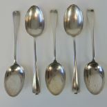 A set of five HM silver George V rat-tail pattern dessert spoons,