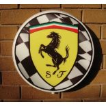 An illuminated Ferrari-themed circular wall sign complete with 240v transformer. 43cm wide.