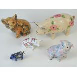 Four contemporary handpainted/printed pig figurines (one a/f),