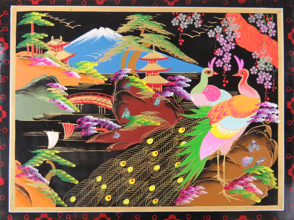 A vintage Japanese black lacquer musical photograph album having hand painted scene upon with - Image 3 of 3