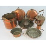 A copper kettle, copper coal bucket and cooking pans, etc.