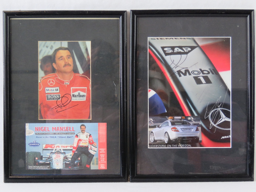 A signed colour postcard being signature of Nigel Mansell, together with a Donnington race ticket,