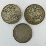 Three full silver Victoria crowns; 1888, 1889, and 1889 shield back. Each within protective pod.