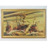 Oil on Canvas; masted paddle ship under tow from two paddle steamers, stormy seas before,