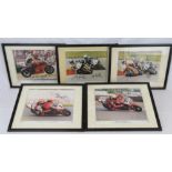 Five signed motorbike racing prints by K