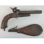 A late 19th century twin barrel percussion pistol, with leather shot pouch.