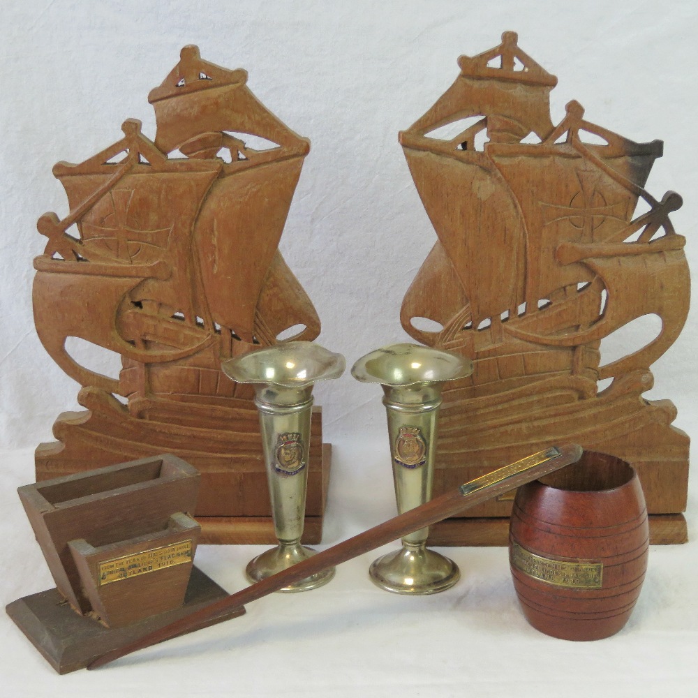 HMS Iron Duke; a pair of bookends in the form of ships, a desk tidy,