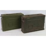 A pair of US WWII .30 Calibre ammunition belt canisters for the US M3 Browning machine gun.
