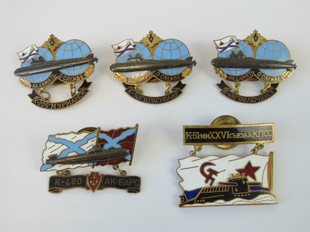 Five Soviet Cold War Submariners Crew badges from K Class submarines including the K-480 Snow