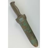 A WWII Royal Navy Deep Sea Divers knife with serrated blade, in weighted brass scabbard,