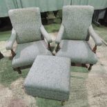 Two reupholstered Edwardian open armchairs, together with a matching Wesley barrel lidded pouffe.