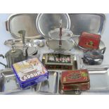 Two Thorne's toffee tins, an Old Hall stand and other stainless steel trays, tins,