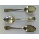 Three HM silver table spoons; one with stag emblem to terminal hallmarked London 1825,