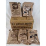 A case of twelve US Military MRE ration packs, mixed menu box.