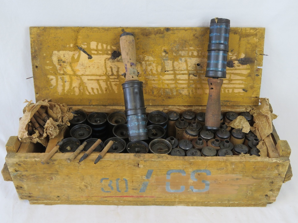 A crate of thirty inert WWII Hungarian M39 training stick grenades with double heads and simulation - Image 2 of 3