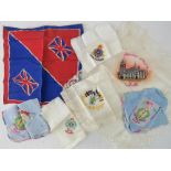 Six hand embroidered silk sweetheart or souvenir handkerchiefs; RAMC (x2), Royal Fusiliers, Ypres,