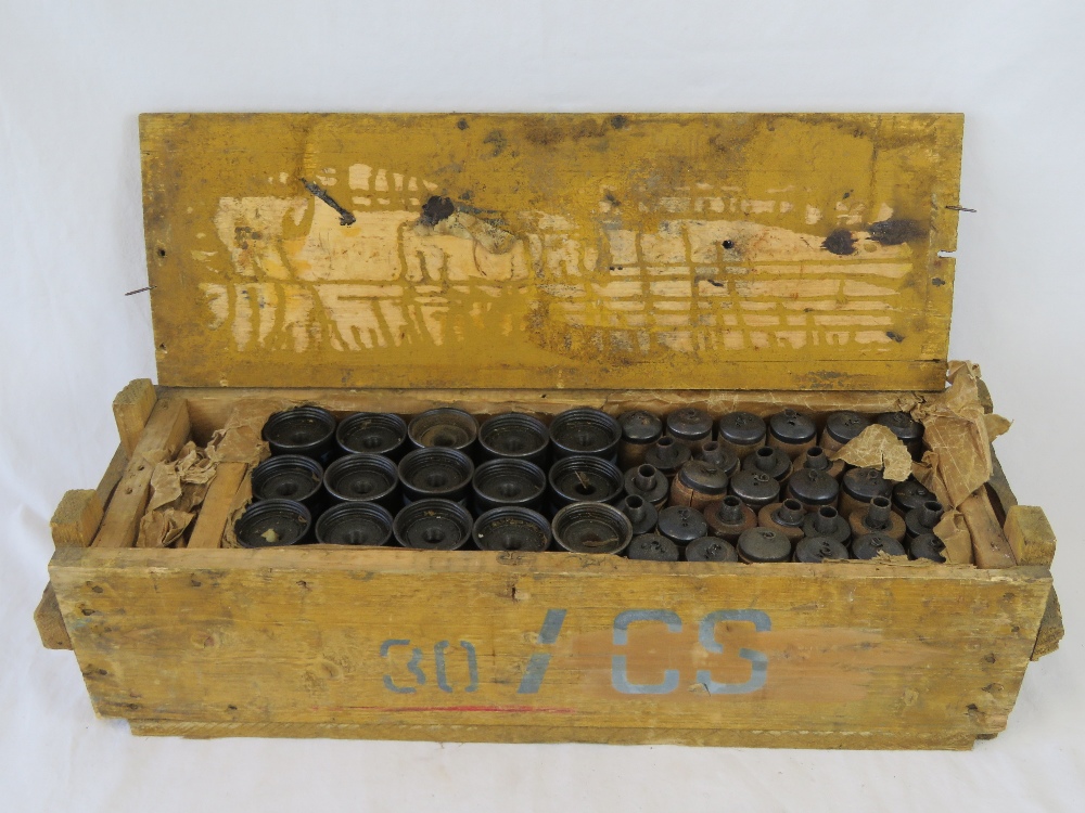 A crate of thirty inert WWII Hungarian M39 training stick grenades with double heads and simulation