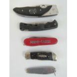 Five assorted pocket/pen knives including; a US made pocket knife, a Swiss army knife,