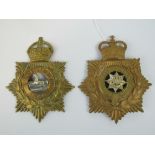 Two embossed brass regimental shako helmet plates each with crown over and being for Liverpool and