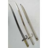 Two French Chassepot bayonets; one with original scabbard numbered 98303 to scabbard and guard,