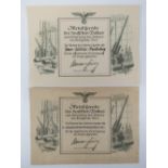 Two WWII German certificates 'Metal Donation of the German People for the Birthday of the Fuhrer'.