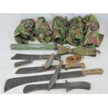 A quantity of assorted militaria including; naval knives, jungle machetes, slings, DPM trousers,