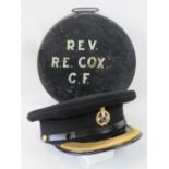 A British Army Chaplain or Padre peaked cap with gold thread to peak,